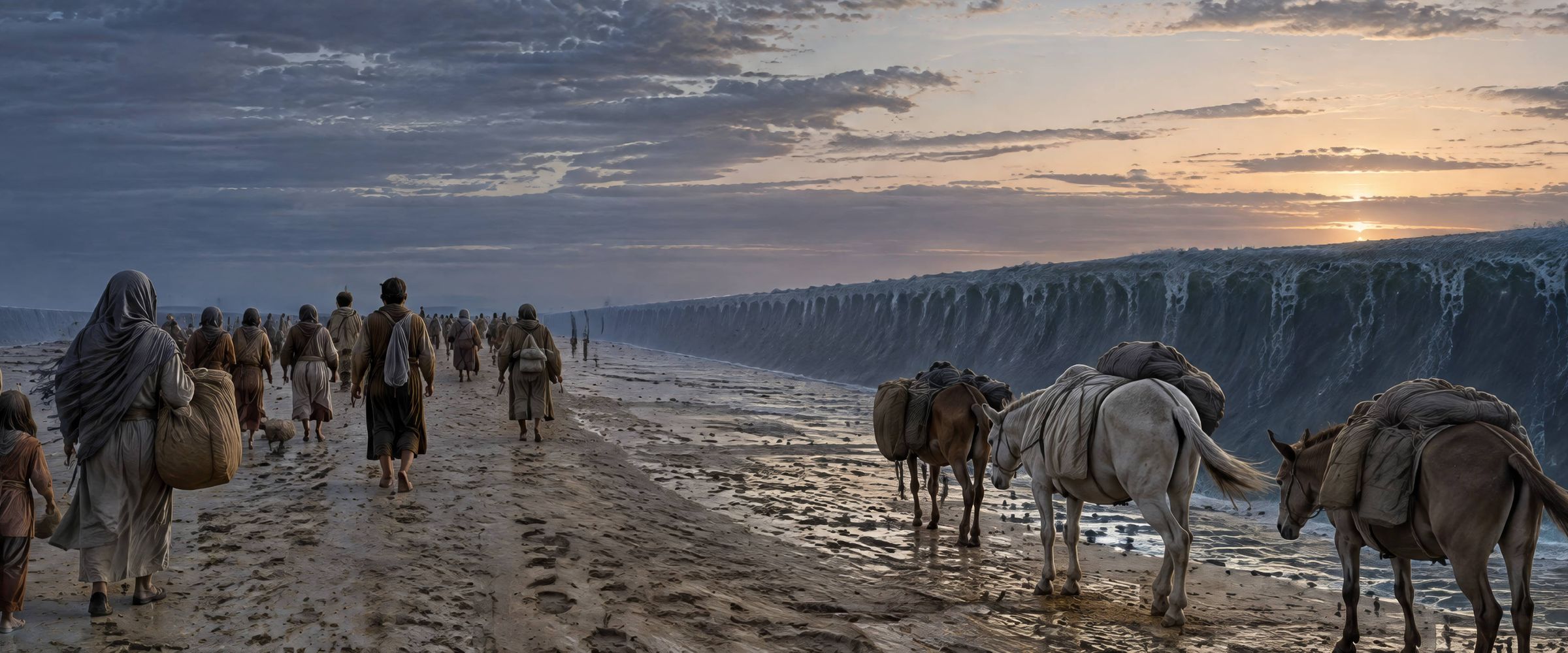 A path of wet ridged sand runs away between two walls of dark standing water before dawn; families with bundles and loaded donkeys walk along it, leaning into the wind.