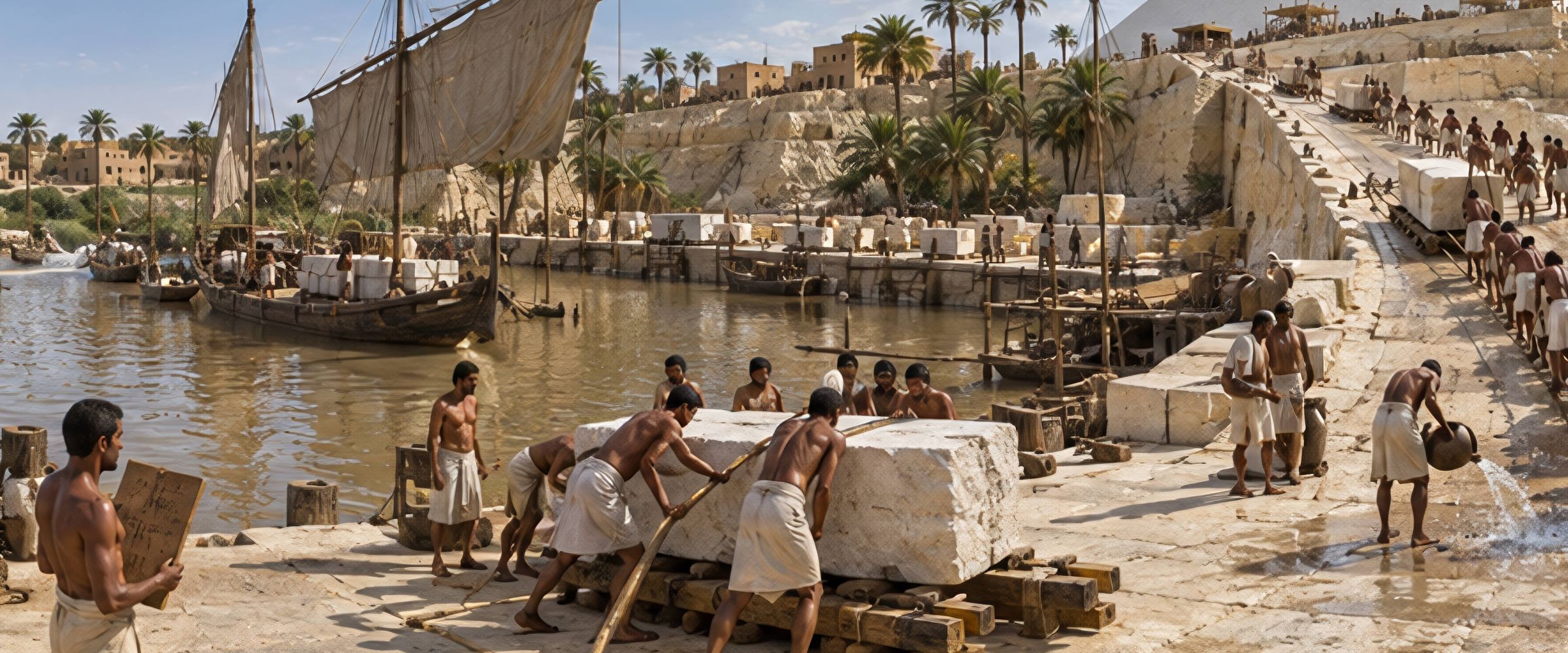 A stone quay on a harbor of brown floodwater; workers lever a white limestone block onto a sled while boats unload, and a gleaming white pyramid rises above the plateau.