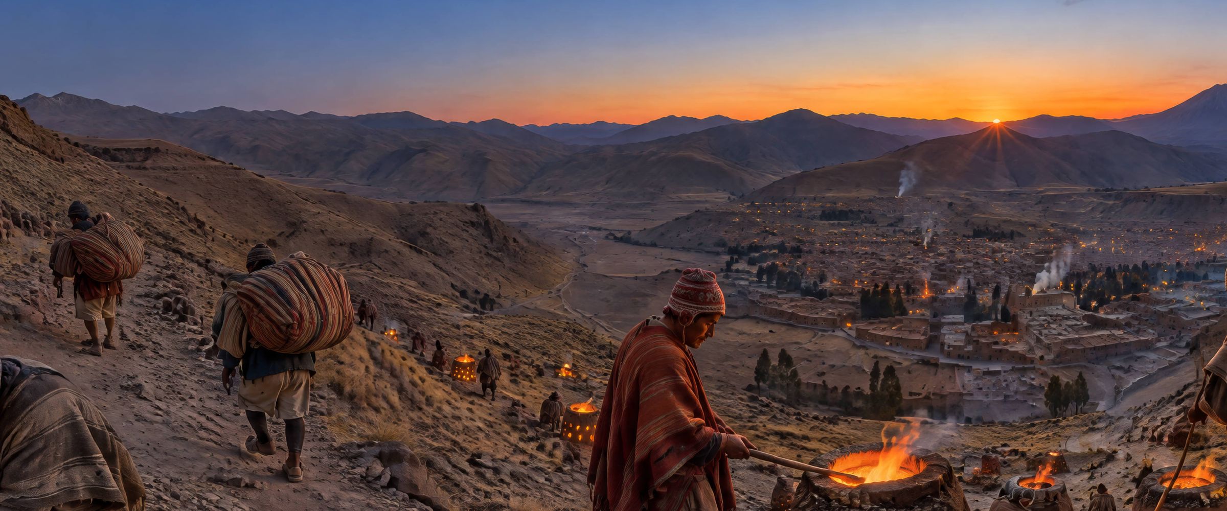 Dusk on a steep red-brown mountainside above a valley town; small clay furnaces glow orange across the slope while workers in ponchos tend them and carry loads down the path.