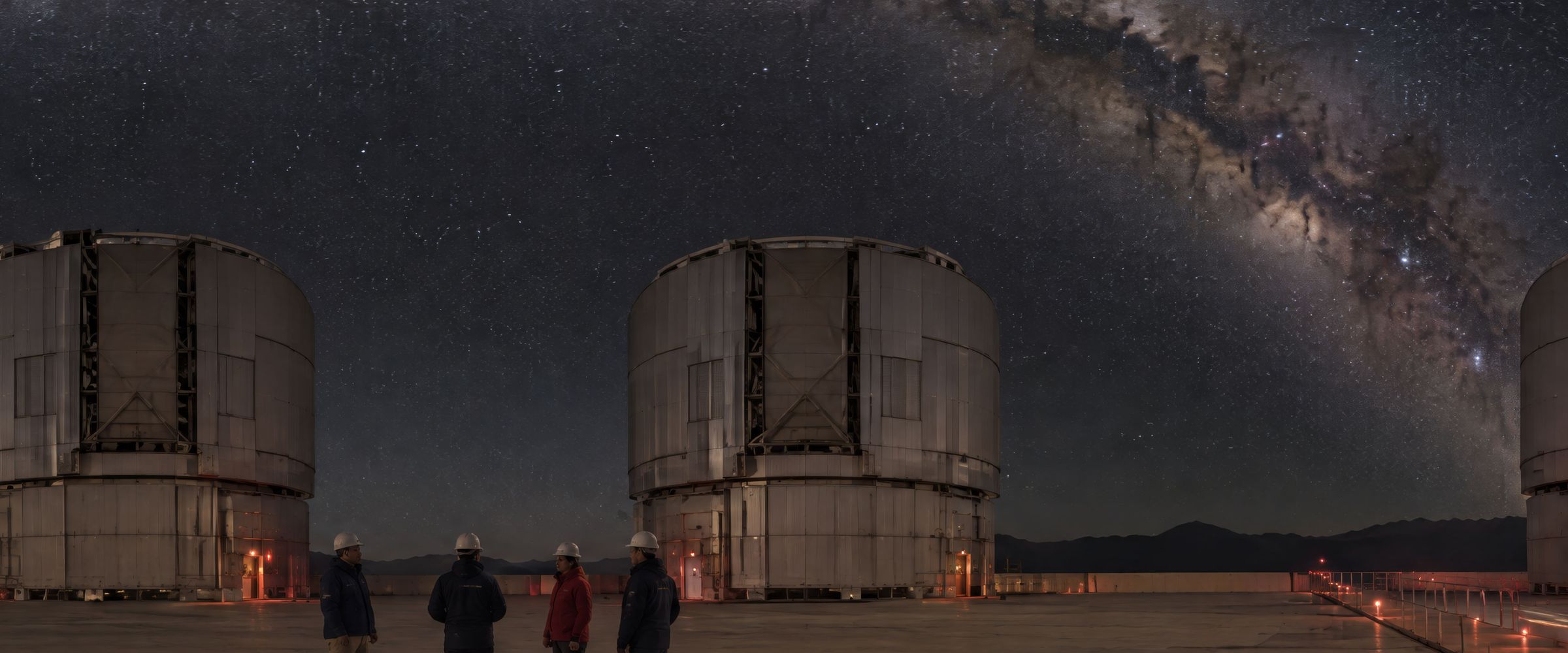 Night on a mountaintop observatory platform: large pale telescope enclosures stand apart on the concrete, a few people in hard hats look up, and the Milky Way arches overhead.